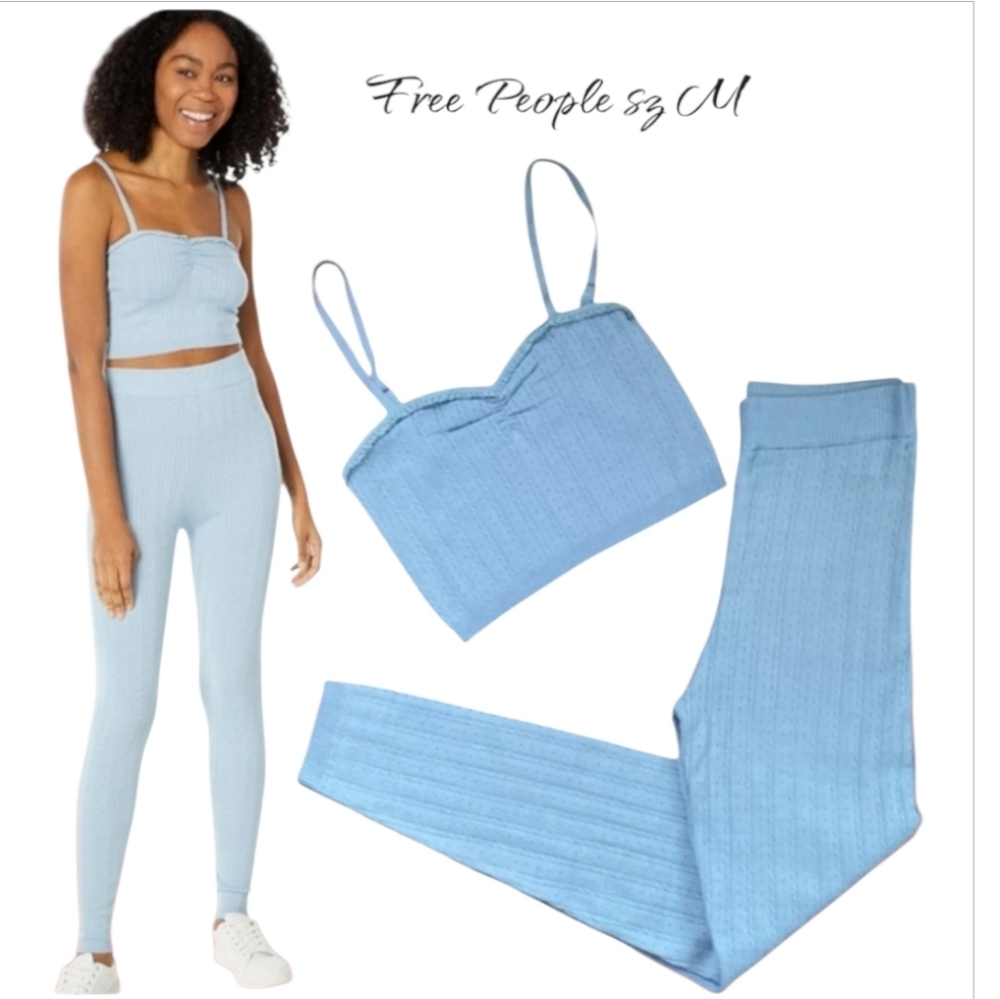 NWT Free People Intimately Morning Light Set Baby Blue Ribbed Knit M